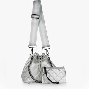 Haute Shore Lindsey Vapor Puffer Bucket Bag Silver Quilted Crossbody